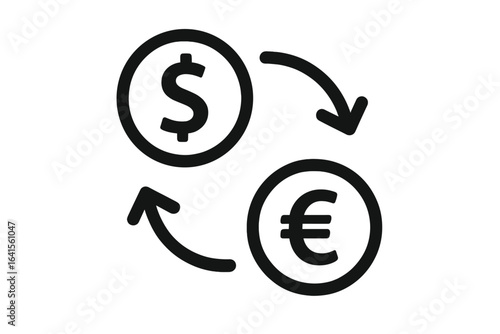 Currency exchange icon, dollar and euro symbols with arrows, finance transaction, money conversion, banking and payment concept, minimal black and white vector, financial services illustration