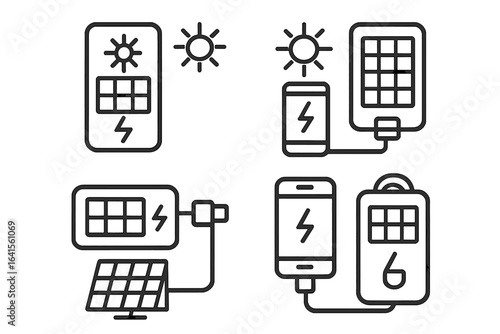 Solar energy icons showing various charging methods using solar panels during daylight hours