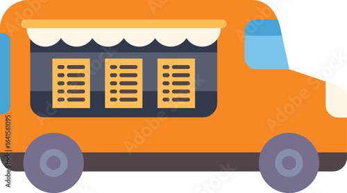 Orange food truck offering street food with open window and awning