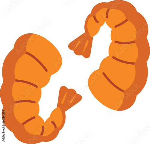 Simple flat vector illustration of two cooked shrimps, isolated on white background