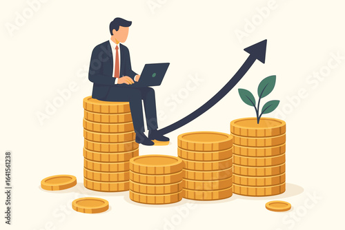 Financial investment growth, businessman working on laptop sitting on coin stacks, wealth accumulation, money saving, financial strategy, economic success, investor, profits, rich finance concept