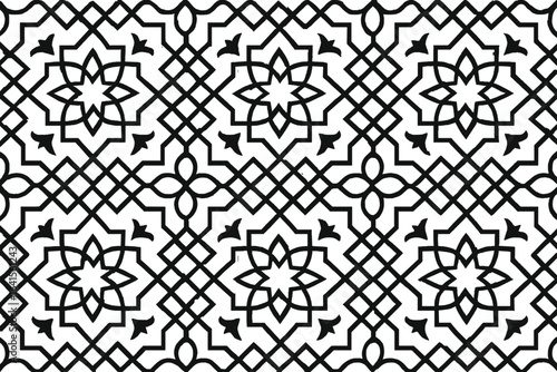 Islamic geometric pattern seamless vector. Black and white arabic ornament, traditional islamic art, intricate tile background, symmetric floral motifs, repeating decorative islamic design
