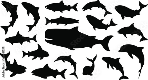 Surfing silhouettes set, various riding stances, dynamic surfboard maneuvers, water sports vector art, ocean wave illustration, summer beach lifestyle design