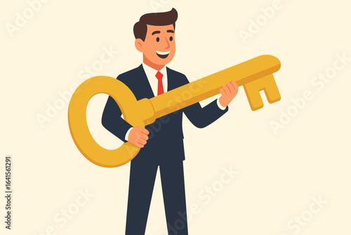 Successful businessman holding large golden key symbolizing opportunity, growth, career advancement, and new business possibilities in corporate and entrepreneurial flat design vector