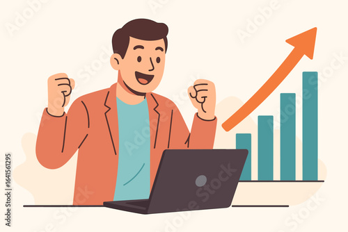 Excited businessman clenched fists celebrating financial success, investment profit, stock market growth, rising sales chart, upward arrow, digital analytics, laptop achievement, wealth concept