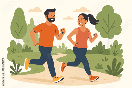 Couple jogging together outdoors, man and woman running, active fitness lifestyle in green park path, healthy exercise, teamwork motivation, wellness activity, happy outdoor recreation illustration