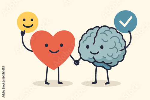 Emotional Intelligence, Heart and Brain Cartoon Balancing Logic and Feelings, Decision Making, Empathy, Self-Control, Social Skills, Mindfulness, Mental Health, Psychology, Flat Vector Concept