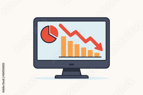 Economic downturn concept, business crisis on computer monitor, declining financial graph, red downward arrow, statistics, bar chart, pie chart, losses, recession, flat vector illustration