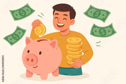 Happy man saving money with gold coins, smiling person stacking coins into pink piggy bank, flying dollar bills, financial security, budget planning, flat cartoon vector illustration