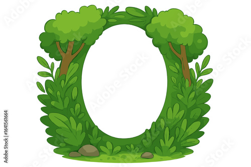 Lush Green Forest Oval Frame Vector Illustration, Nature Border with Trees Bushes and Rocks, Botanical Woodland Blank Center Isolated on White, Leafy Eco Jungle Cartoon Template Design