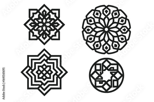 Intricate Geometric Ornaments Set. Traditional Arabic Islamic Patterns. Sacred Geometry. Outline Mandala Elements. Black Linear Decorative Art. Vector Isolated. Ornamentation Design.