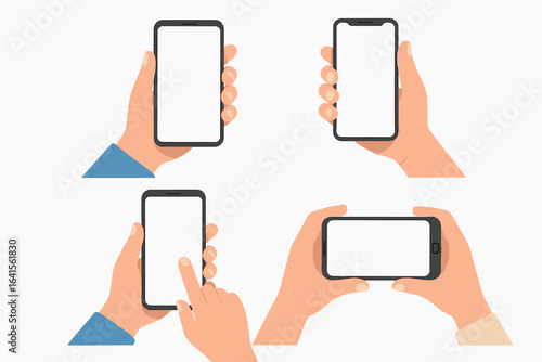 Smartphone vector illustration set, hands holding modern mobile phones in various positions, touchscreen use, portrait and landscape mockups, blank display, user interaction, isolated flat design