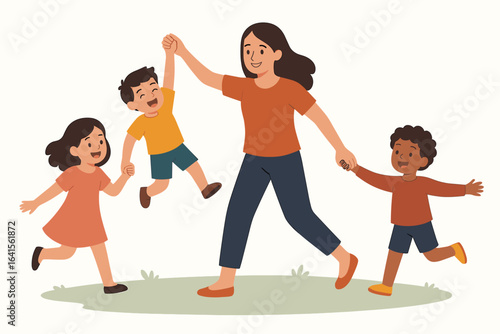 Happy mother playing with three diverse children outdoors. Single parent family, joyful kids having fun, leisure activity, parenting, childhood, togetherness, love, flat vector illustration.