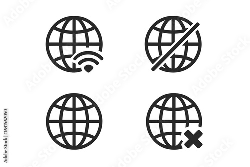 Internet globe icon set for network connection status, wifi online offline disconnected symbols, web access error, wireless internet loss, UI app interface, vector isolated transparent background