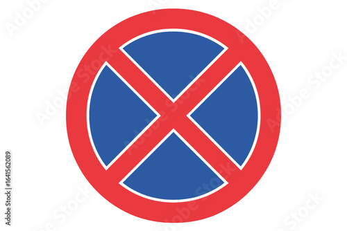 No Stopping Road Sign, Parking Prohibited Symbol, European Traffic Vector, Circular Warning Icon, Red Blue Cross, Urban Transportation Signage, Regulatory Street Sign, Safety Illustration