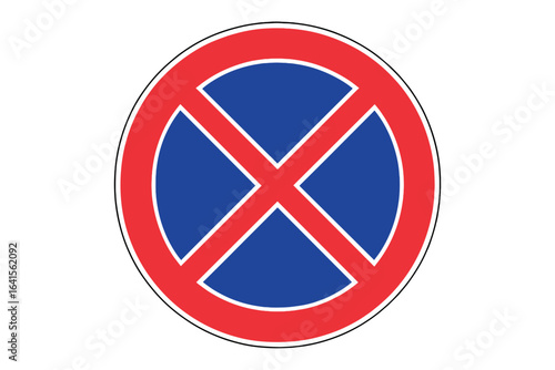 No Stopping Road Sign, Parking and Stopping Prohibited Traffic Symbol, European Urban Street Regulation, Circle Red Blue Vector, Driving Restriction Law, Transportation Safety Icon