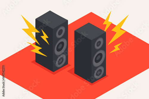 Isometric stereo loudspeakers emitting powerful sound with yellow lightning bolts, audio speakers illustration, vibrant red background, modern music system, energetic soundwaves, vector art concept