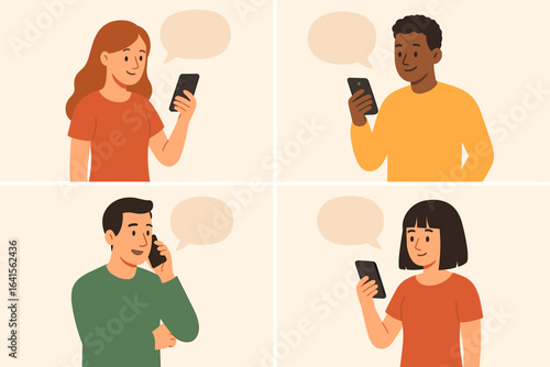 Diverse people communicating with mobile phones set. Vector illustrations of men and women using smartphones, talking, texting, chatting, viewing screens, social media, communication concepts