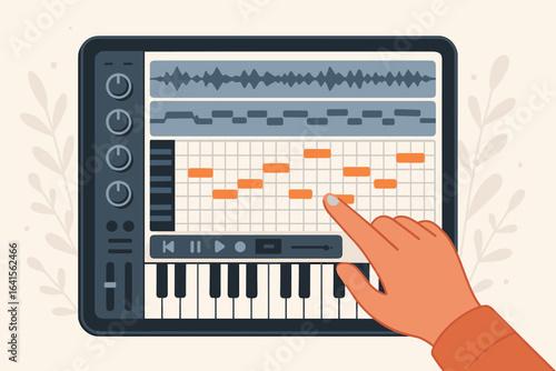 Digital music production tablet interface. Hand creating midi notes, composing sound, editing audio waveform, making electronic music in DAW music app. Vector illustration in modern flat style.