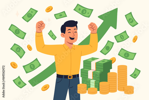 Wealthy man celebrating financial success, flat design illustration with cash, gold coins, dollar bills, green upward arrow, economic growth, prosperity, investment, money-making concept vector