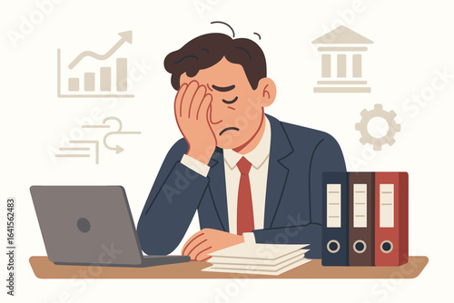 Businessman Office Stress Productivity Challenge, Overwhelmed Executive at Desk with Laptop, Files, Data Analysis Icons, Modern Corporate Workspace, Workflow Pressure, Vector Illustration