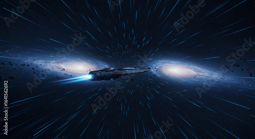 Starship Traveling Through Interstellar Warp Tunnels
