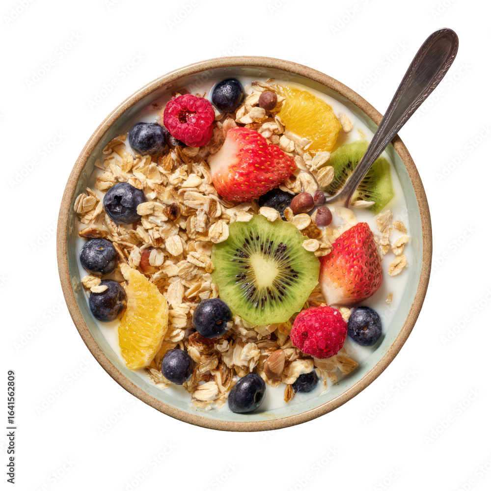 Healthy Cereal Bowl with Spoon Oats and Fruit Toppings on Transparent Background Healthy Cereal Bowl with Spoon Oats and Fruit Toppings on Transparent Background