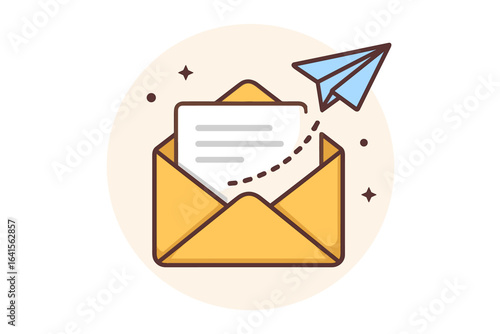 Email communication vector illustration, open yellow envelope with letter message, flying paper plane, sending mail icon, digital correspondence, cartoon style, communication technology concept art