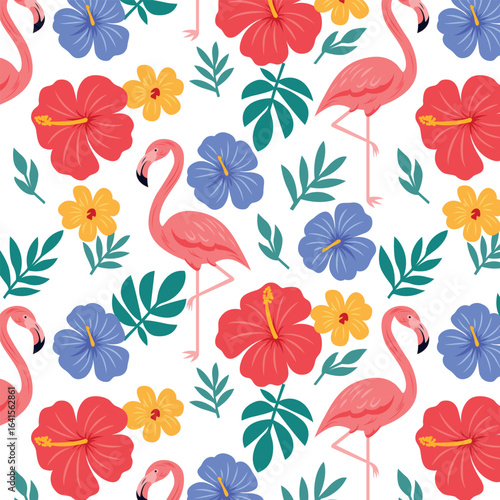 Seamless Tropical Pattern Featuring Flamingos