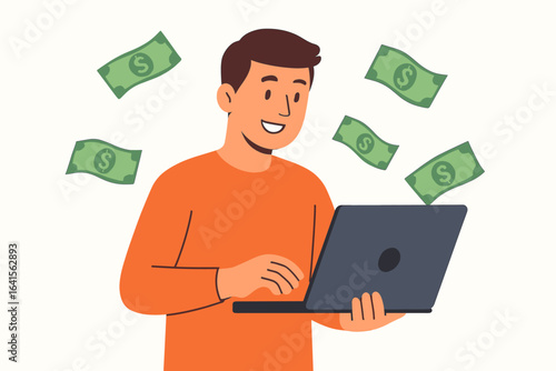 Remote work earning income online, freelancer making money at home, digital nomad with laptop, financial success, profits, entrepreneurship, telecommuting, salary growth, online business, flat vector