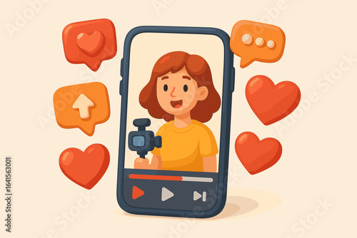 Viral Video Smartphone Influencer, 3D Cartoon Style Vector, Social Media Engagement, Vlogging Content Creator, Online Streaming, Internet Fame, Mobile Device Hearts, Popularity Concept Illustration