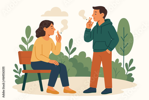 Outdoor Smoking Break Vector Illustration—Man and Woman Smoking Cigarettes in Park, Social Interaction, Relaxing, Casual Outfits, Nature, Smoking Activity, Lifestyles, Flat Modern Design