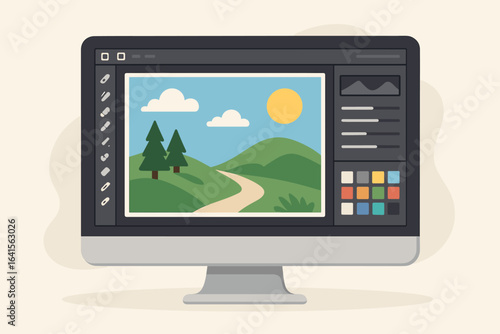 Vector illustration of photo editing software interface on computer screen, landscape image editing, graphic design app tools, digital art workspace, creative technology concept, nature scene