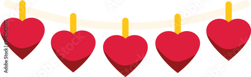 Five red hearts hanging on a string, symbolizing love, romance, and valentine's day celebrations