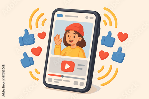Viral Social Media Video in 3D Cartoon Style, Smartphone with Popular Influencer Content, Likes, Hearts, Sharing, Online Engagement, Vlog, Mobile Streaming, Internet Fame, Youth Culture Vector