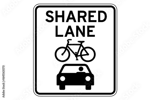 Shared road lane sign with bicycle and car icon, traffic and transportation safety, vector illustration, signage for urban streets, cycling and driving coexistence, monochrome street symbol design