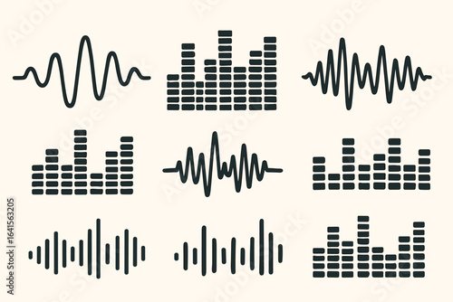 Audio Waveform and Equalizer Bar Set. Collection of Sound Wave, Music Frequency Levels, Voice Spectrum, Audio Signal, Soundwave Symbols. Vector Icons for Podcast, Radio, DJ, Music App User Interface