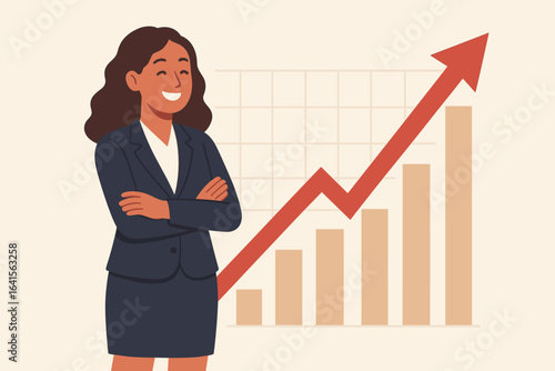 Confident businesswoman crossing arms in front of upward financial growth chart, successful investment returns, leadership, stock market increase, career achievement, financial empowerment concept