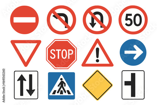 Set of essential road and traffic signs vector illustration. Printable regulatory, warning, prohibitory, speed limit, pedestrian, direction, yield, stop and street symbols. Transparent PNG icons pack.