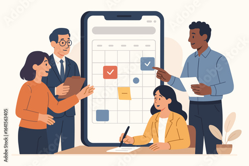 Team collaboration planning, businesspeople scheduling meetings, office staff organizing calendar, project management, teamwork discussion, mobile digital agenda, flat vector illustration