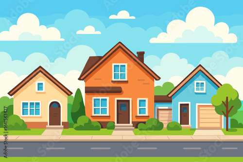 Suburban neighborhood street with three colorful detached houses, front yards, garages, trees, bushes, blue sky, clouds, modern family homes, residential area, vector cartoon illustration