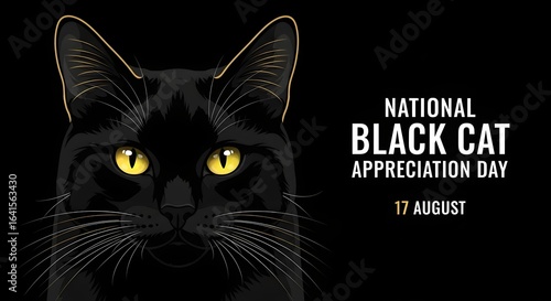 Photo of national black cat appreciation day on august 17th, featuring a closeup portrait of a black cat with glowing yellow eyes