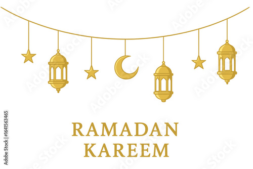 Ramadan Kareem festive garland with gold Islamic lanterns, crescent moon and stars. Muslim decorative hanging ornaments for Eid, holy fasting month, celebration, Middle Eastern vector illustration.