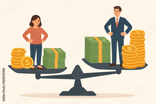 Gender pay gap concept. Businessman and businesswoman standing on balance scale with cash, gold coins. Salary inequality, wage discrimination, income disparity, unfair treatment. Vector illustration.