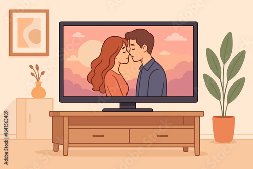 Romantic couple kissing on TV screen in cozy living room, sunset background, streaming movie or series, television entertainment, relaxation, romance, modern home decor, vector illustration