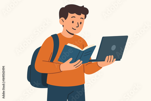 Male student learning multitasking with laptop and book, education and self-study, academic research, distance learning, online course, digital education concept, modern classroom, knowledge growth