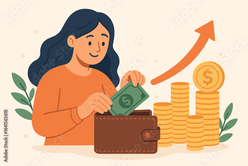 Financial success concept. Woman saving money, putting cash into wallet. Investment, personal finance management, income growth, earning profit. Money accumulation, wealth, passive income, prosperity.