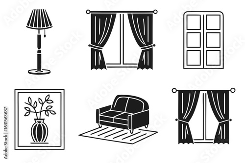 Collection of interior design elements isolated on white background