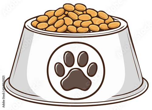 Cartoon bowl full of dog food with paw print illustration for pet lovers or vets