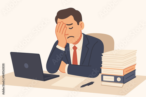 Frustrated Businessman at Desk Overwhelmed by Paperwork and Computer, Feeling Bored, Unmotivated, and Unproductive, Suffering Job Burnout and Work Stress in Corporate Office, Bureaucracy Concept
